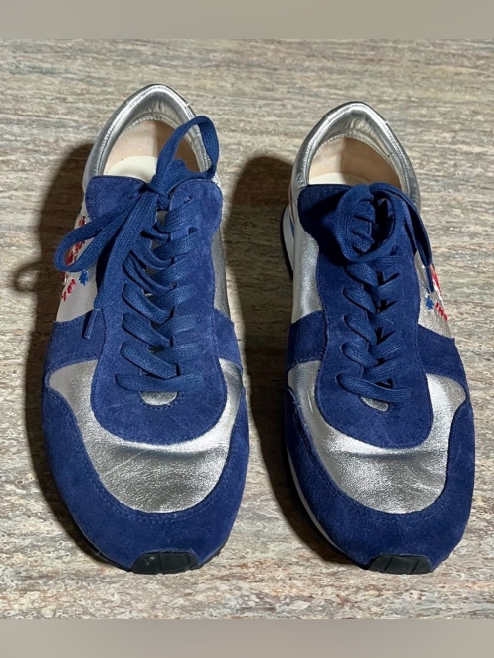 Tory Burch Silver/ Navy/ Sea Victorian Brielle Leather & Suede Sneakers - Picture 2 of 15